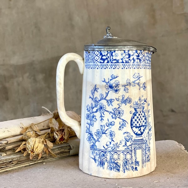 Antique French tea stained pitcher, ironstone  XIX century