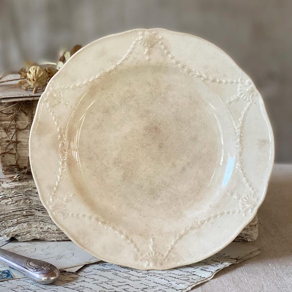 Antique French Earthenware footed plate, Patinated Cake Dish