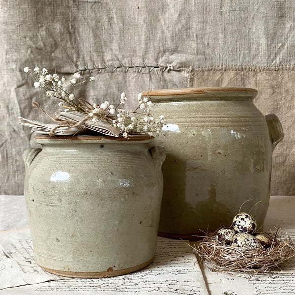 Antique French two pots in glazed stoneware. Pots of conservation. Preserving jar. Confit pot. Kitchen pot