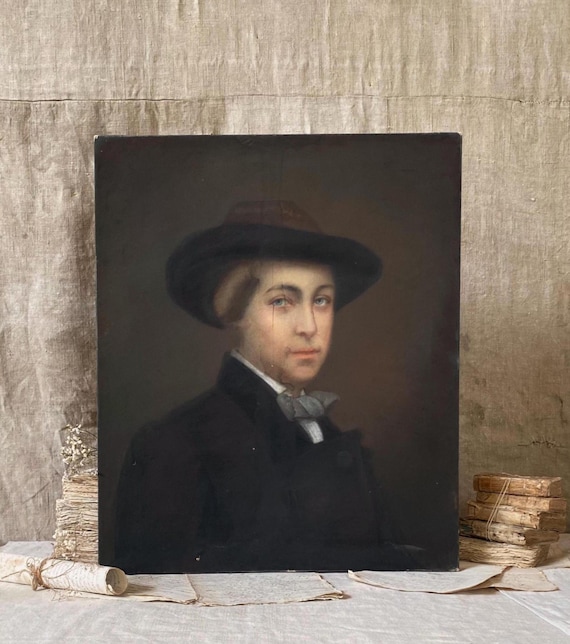 肖像画　パステル画 19世紀のフランス人アンティーク肖像画、キャンバスにパステル画