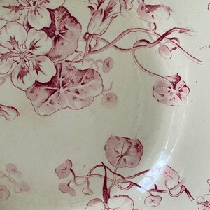 May include: A white ceramic plate with a floral design in shades of burgundy. The pattern features detailed flowers, leaves, and vines, creating a vintage aesthetic. The plate's edge has a delicate, scalloped border with small floral accents.
