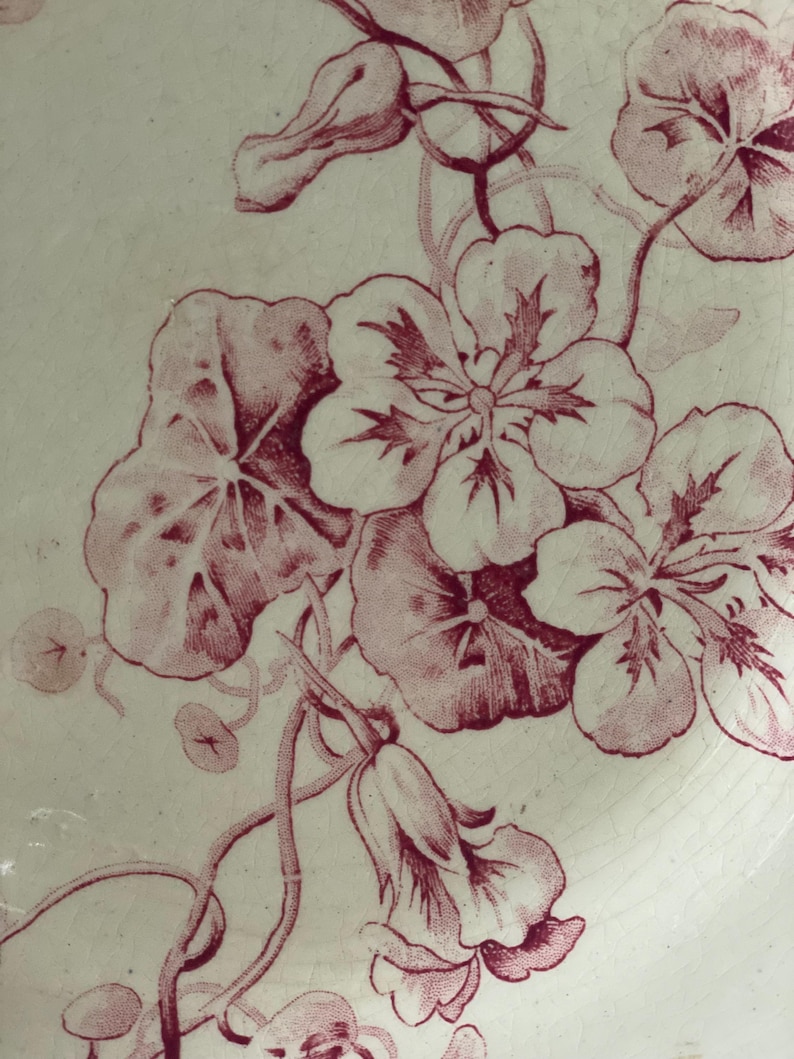 May include: Close-up of a white ceramic plate with a floral pattern in shades of burgundy. The design features large flowers, leaves, and delicate stems. The plate has a slightly aged appearance, with subtle crackling in the glaze.