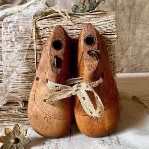 French antique pair of wooden shoe trees for small children, baby. Shoe lasts