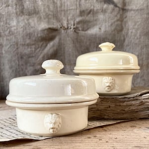 Può includere: Due contenitori in ceramica color crema con coperchio. Ognuno ha un piccolo dettaglio a testa di leone sul davanti e un pomello sul coperchio. I contenitori sono su una superficie di legno con uno sfondo neutro. Per cucina o arredamento.