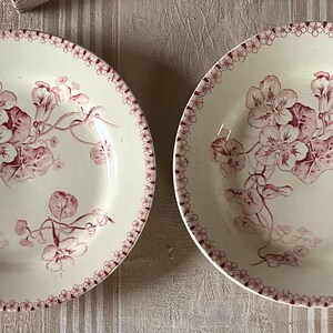 May include: Two off-white ceramic plates with a floral design in shades of pink. The plates have a scalloped edge with a repeating pink pattern. The floral design features flowers and vines.