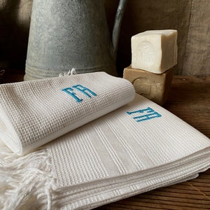 Antique French set of 5 honeycomb hand towels, FA blue monogram. Antique linen