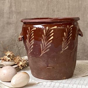 May include: A cylindrical brown ceramic crock featuring a glossy glazed upper section with a repeating cream-coloured fern leaf pattern and two small side handles. The lower portion of the vessel has a matte, unglazed finish with a rough texture.