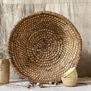 Antique French very large woven straw basket, French countryside. Campaign basket