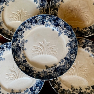 Antique French 6 asparagus plates Sarreguemines, tea-stained earthenware, terre de fer