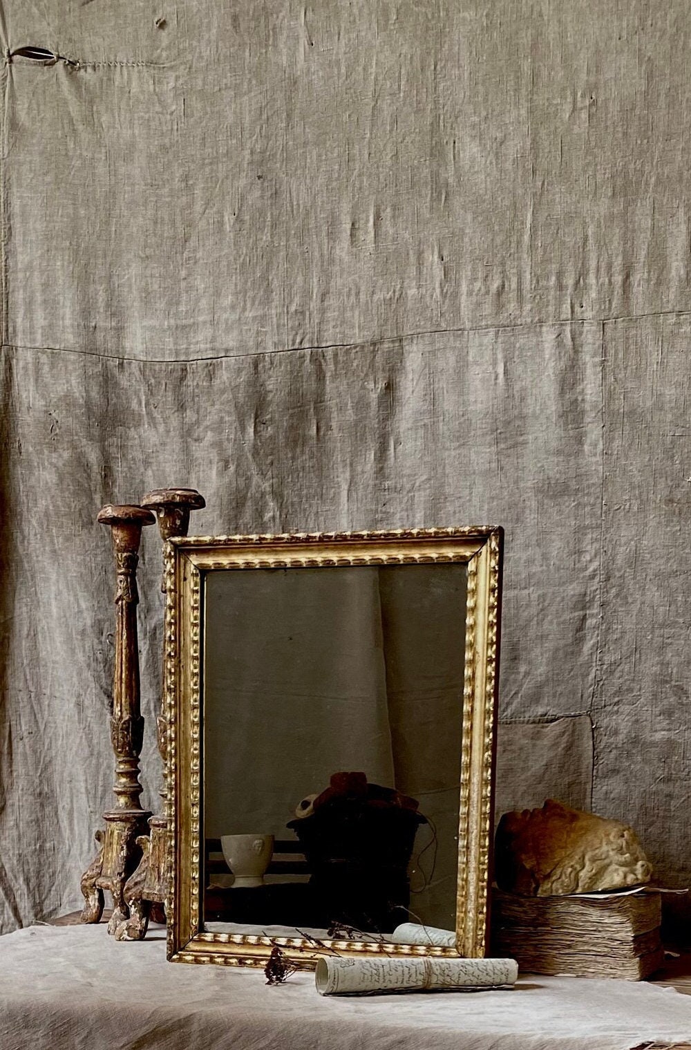 Antique French mercury mirror wood frame and gilded stucco, XIXth