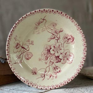 May include: Cream-colored ceramic plate with a floral design in shades of red. The plate features a border of small red flowers and a central pattern of stylized flowers and leaves. A vintage-style decorative piece.