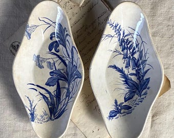 Antique French two little platter, ironstone. XIXth. Blue transferware.