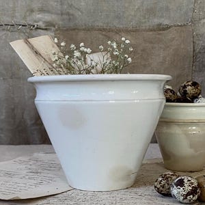 以下が含まれることがあります： 広くて広がった縁と狭い底を持つ白い陶器のプランター。プランターには小さな白い花が植えられており、紙が置かれたテーブルの上に置かれています。