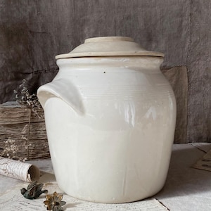 以下が含まれることがあります： 蓋付きの白い陶器の壺。壺は丸みを帯びたボディとわずかに広がった縁を持っています。蓋はわずかにドーム型で、滑らかな表面をしています。