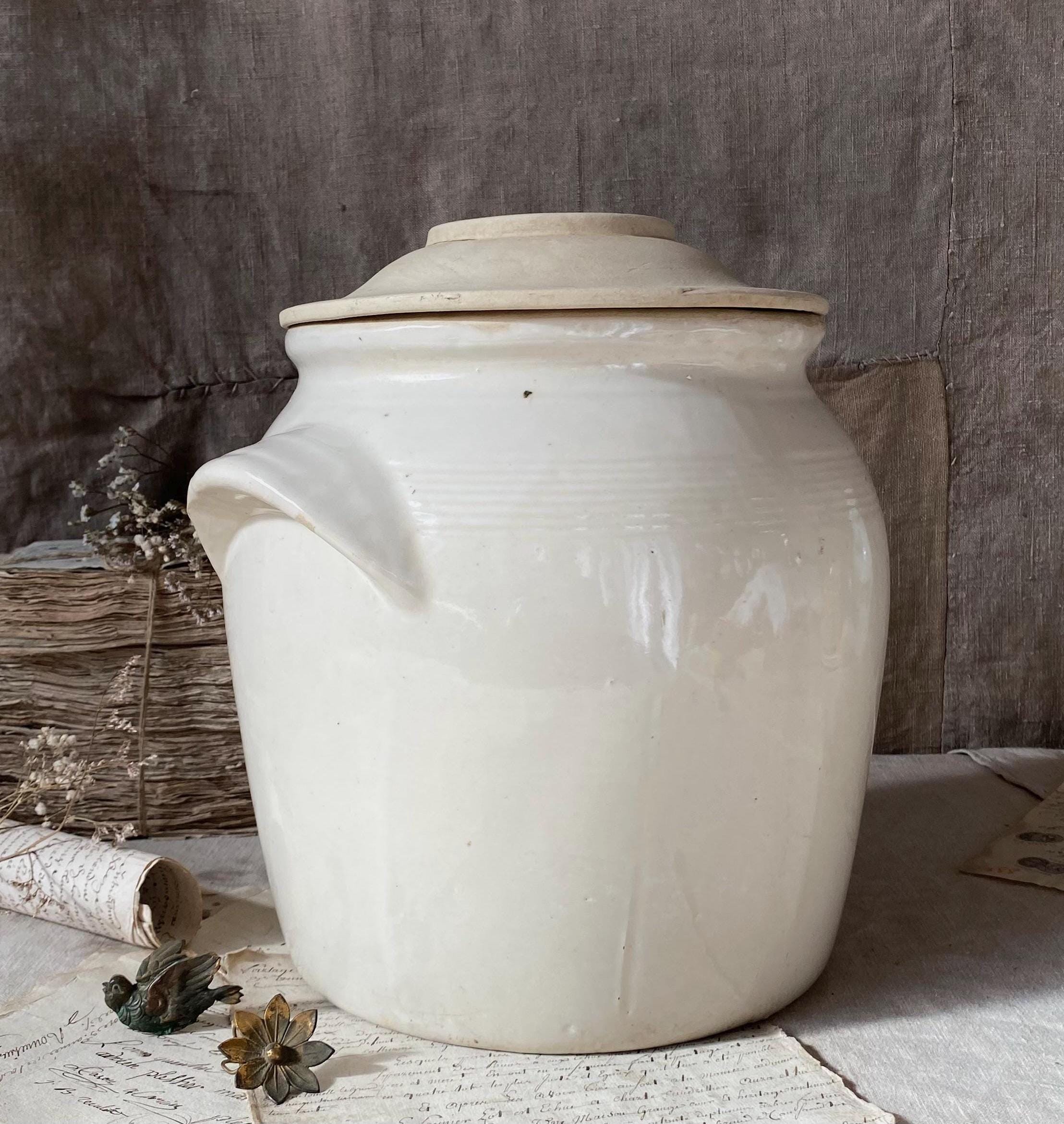 Antique French XXL  pot in glazed ivory white stoneware. Pot of conservation. Preserving jar. Confit pot.
