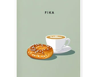 Fika Scandinavian Minimalist Print - Cozy Hygge Coffee & Pastry Art - Fine Art Poster