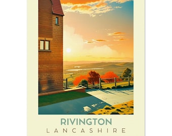 Impressão artística da Torre dos Pombos com vista para Rivington – Decoração de parede retrô de Lancashire