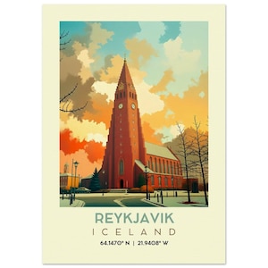 Poster di viaggio retrò Hallgrimskirkja - Splendida stampa artistica da parete di Reykjavik - Decorazione di qualità museale