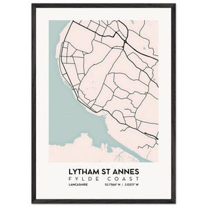 Póster minimalista de pared con mapa de Lytham St Annes, póster de papel mate con marco de madera de primera calidad
