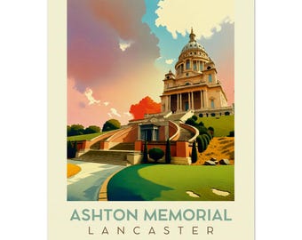 Pôster de viagem retrô - Arte de parede do Memorial Ashton Lancaster | Decoração de Lancashire
