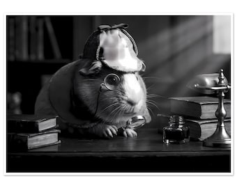 Impressão artística de Sherlock Holmes em forma de porquinho-da-índia, retrato divertido de um detetive de estimação.