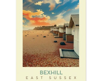 Retro Beach Huts at Bexhill Poster - Vintage East Sussex Travel Wall Art Print