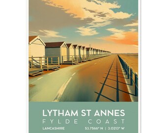 Lytham St Annes Beach Huts Art Print, Retro Travel Poster
