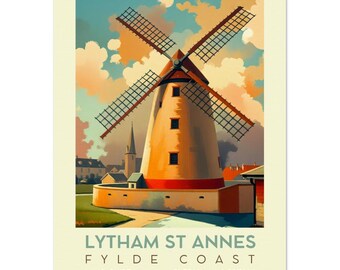 Arte de parede de pôster de viagem retrô Moinho de vento de Lytham Lytham St Annes