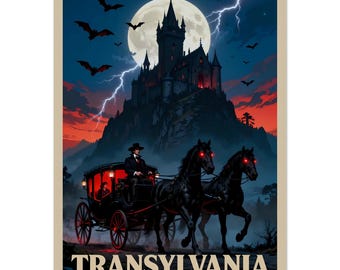 Transylvania Travel Poster: Spooky Dracula Castle & Bats Wall Art
