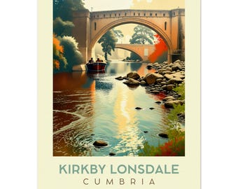 Pôster de viagem retrô: Vista da Ponte do Diabo, Kirkby Lonsdale - Scenic River Art