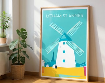 Lytham Windmill Art Print: Vibrant Giclée Poster, Eco-Friendly