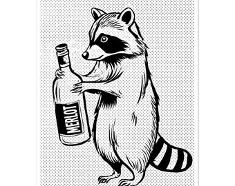 Impressão artística de um guaxinim com vinho Merlot – Ilustração monocromática em meio-tom (Decoração de parede)