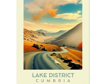 Pôster de viagem retrô Hardknott Pass - Arte de parede do distrito dos lagos ingleses - Decoração em estilo vintage