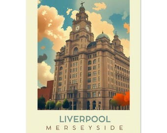 Vintage Liverpool Liver Building Poster - Retro Travel Art for Home Decor