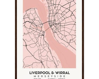 Mapa de Liverpool e Wirral impresso emoldurado para decoração de parede de Merseyside.