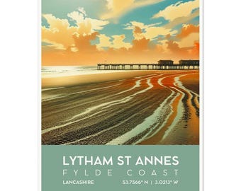 Retro Lytham St Annes Pier Travel Poster, Vintage Seaside Art