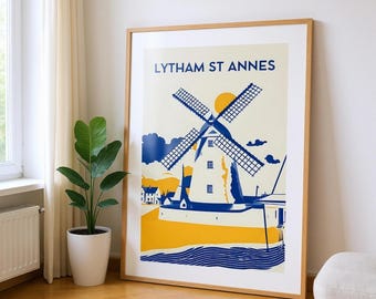 Lytham Windmill Travel Poster - Contemporary Art Print with Bold Colors - Unique Wall Art Decor