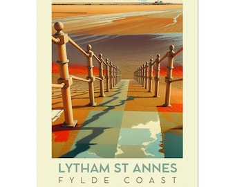 Retro Travel Poster Wall Art Fairhaven Steps to Beach Lytham St Annes