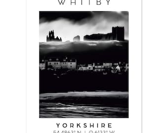 Poster d'art mural monochrome de l'abbaye de Whitby | Décor photographique dramatique | Cadeau pour la maison