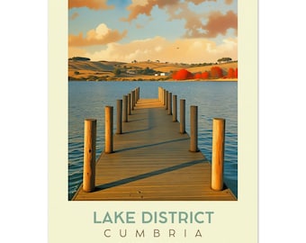 Poster de viagem retrô de Derwentwater Keswick - Jetty Wall Art Print - Decoração de qualidade de museu