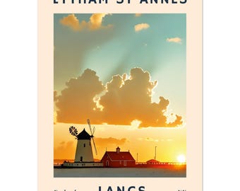 Pôster retrô do moinho de vento de Lytham St Annes - Arte gráfica de parede com tema litorâneo