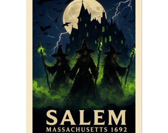 Pôster de bruxa de Salem, Massachusetts, arte gótica de viagem, decoração de Halloween