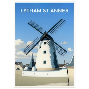 Retro Travel Poster Wall Art Lytham Windmill Lytham St Annes Lancashire Print Coast