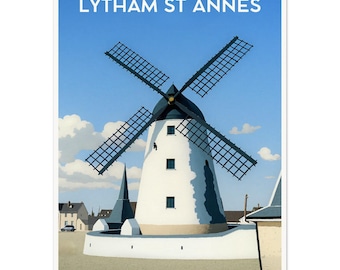 Arte de parede de pôster de viagem retrô Moinho de vento de Lytham St Annes Lancashire Impressão costeira
