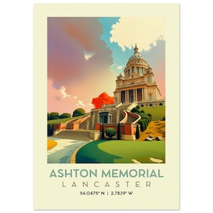 Retro Travel Poster - Ashton Memorial Lancaster Wall Art | Lancashire Decor