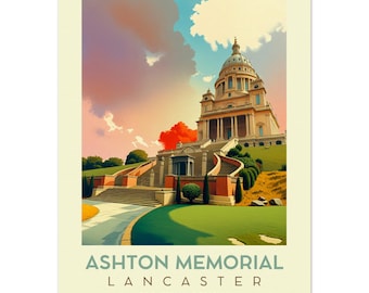 Retro Travel Poster - Ashton Memorial Lancaster Wall Art | Lancashire Decor