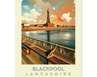 Pôster de viagem retrô - Arte de parede do píer e da torre de Blackpool | Decoração de presente em Lancashire