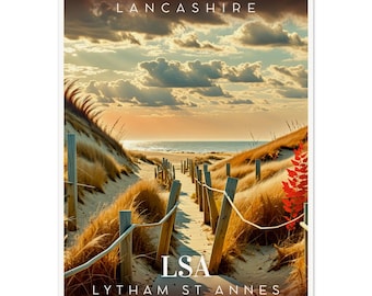 Retro Inspired Travel Poster Wall Art Dunes St Annes Beach Lytham St Annes