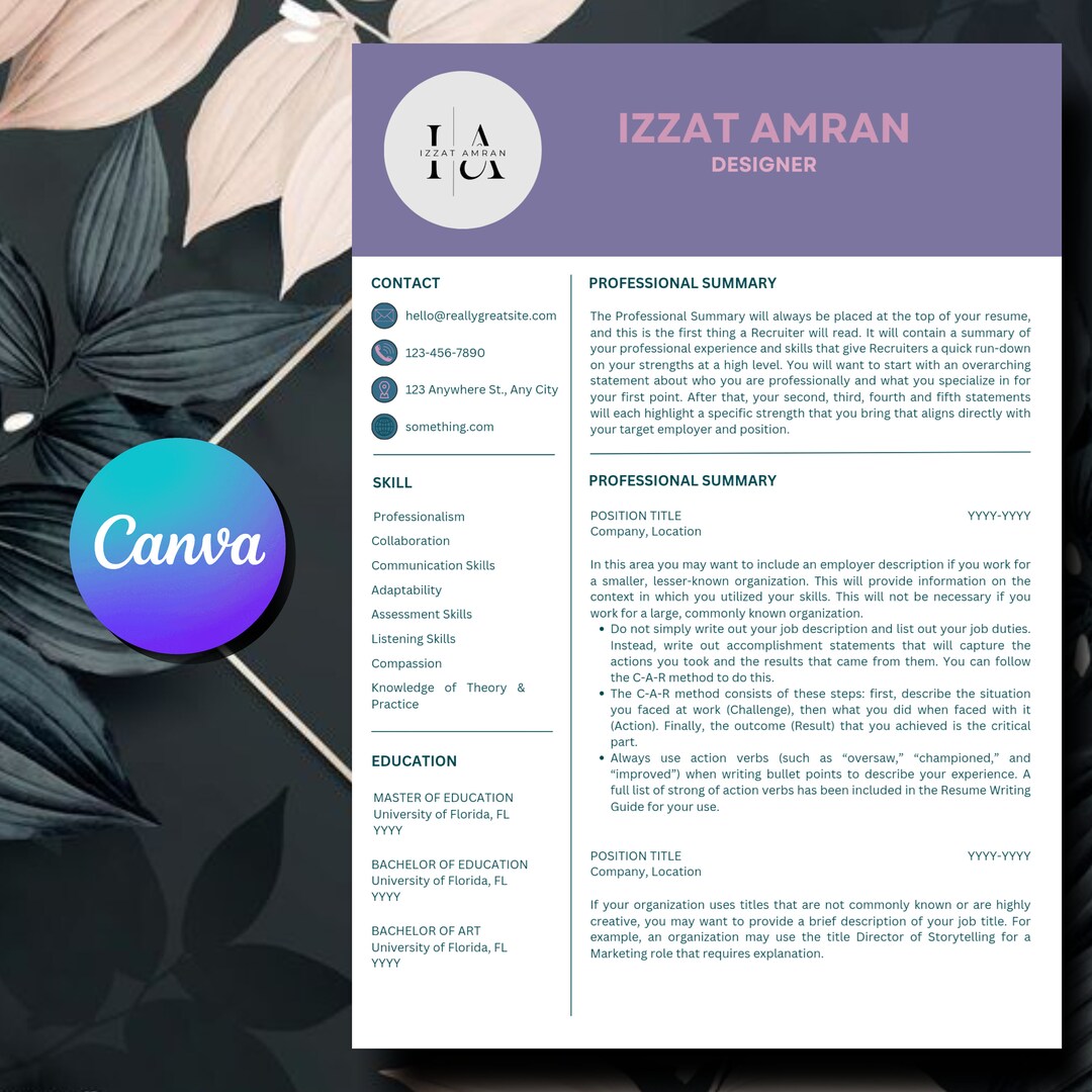 Creative & Modern Resume / CV Template for Canva professional - Etsy ...