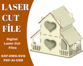 May include: A digital laser cut file for a two-story house with heart-shaped windows. The file is available in DXF, DWG, SVG, PDF, AI, and CDR formats.